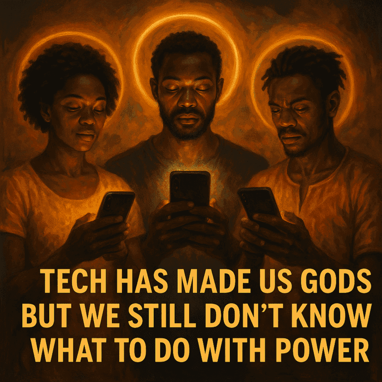 Tech Has Made Us Gods — people holding smartphones glowing like divine light.